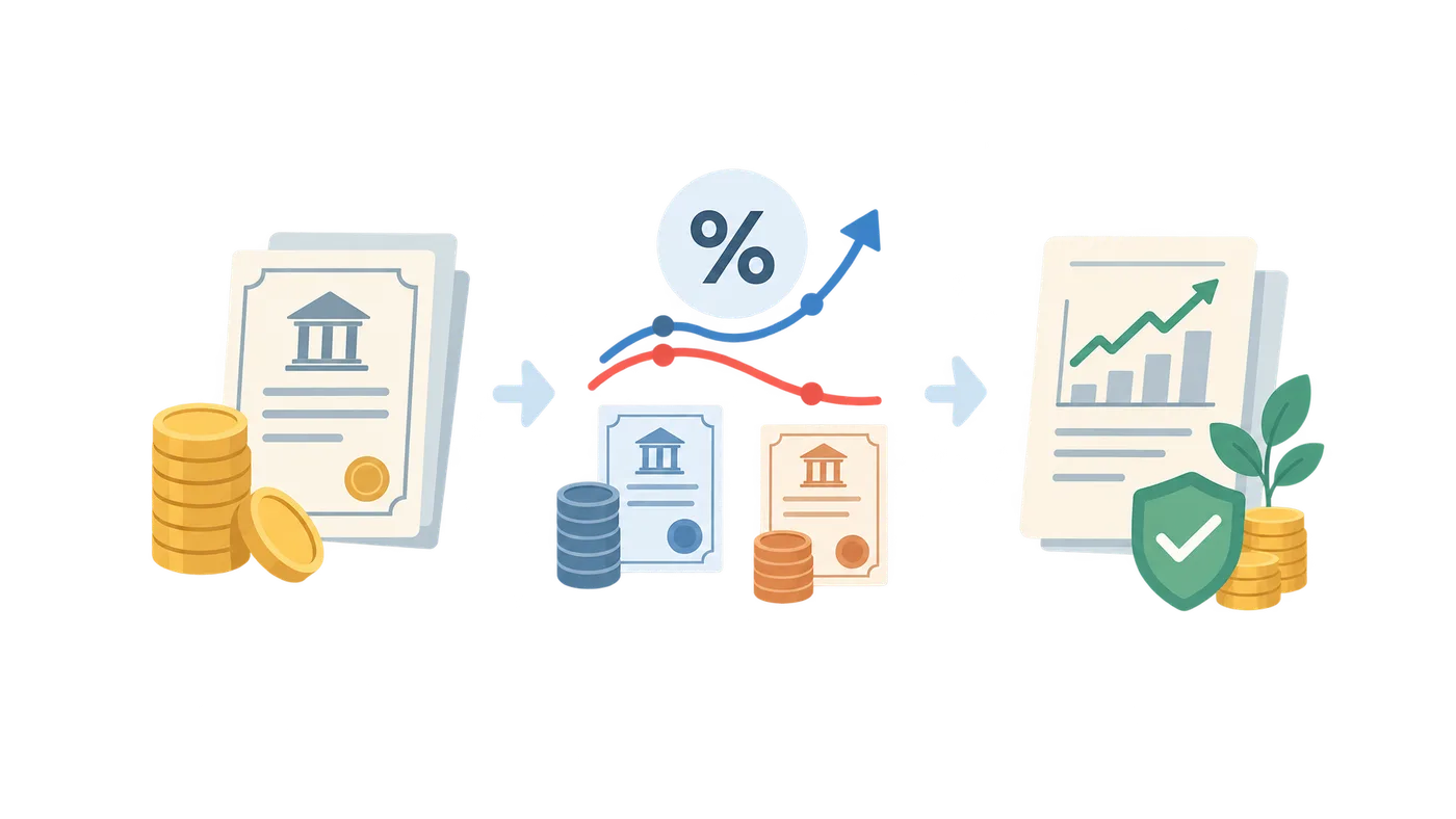 채권 투자 기초와 금리 관계의 process 개념을 설명하는 금융 일러스트