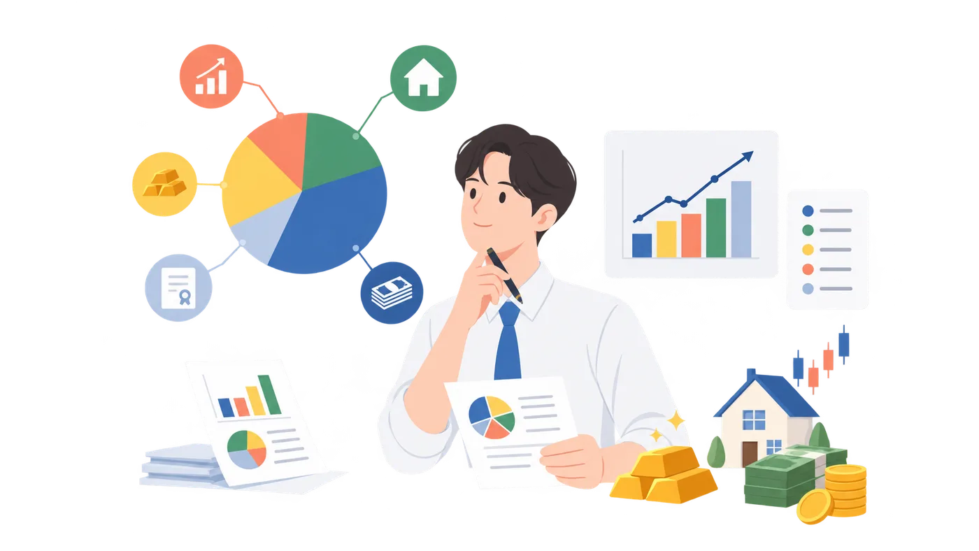 분산투자와 자산배분 기초의 concept 개념을 설명하는 금융 일러스트