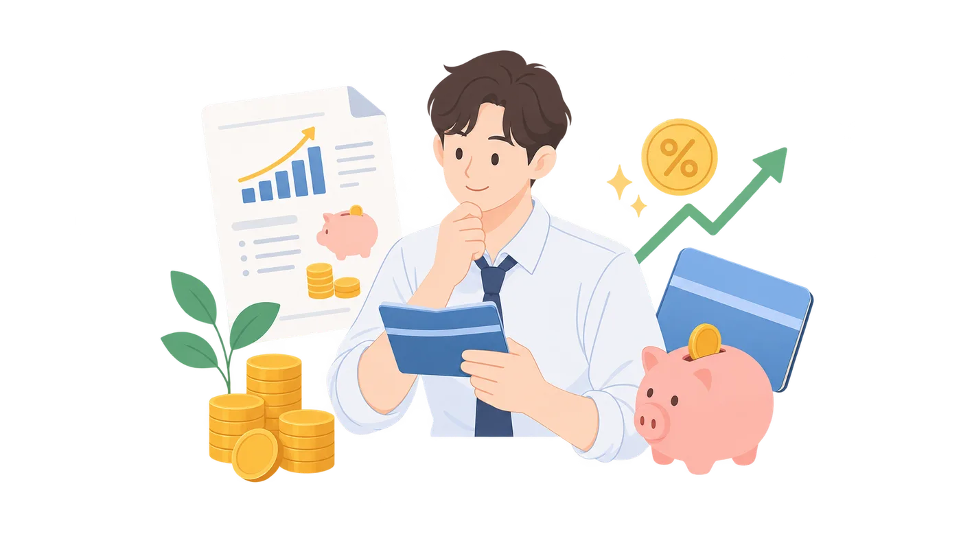 직장인 비상금 통장, 이렇게 만들면 이자도 챙길 수 있어요의 explanation 개념을 설명하는 금융 일러스트