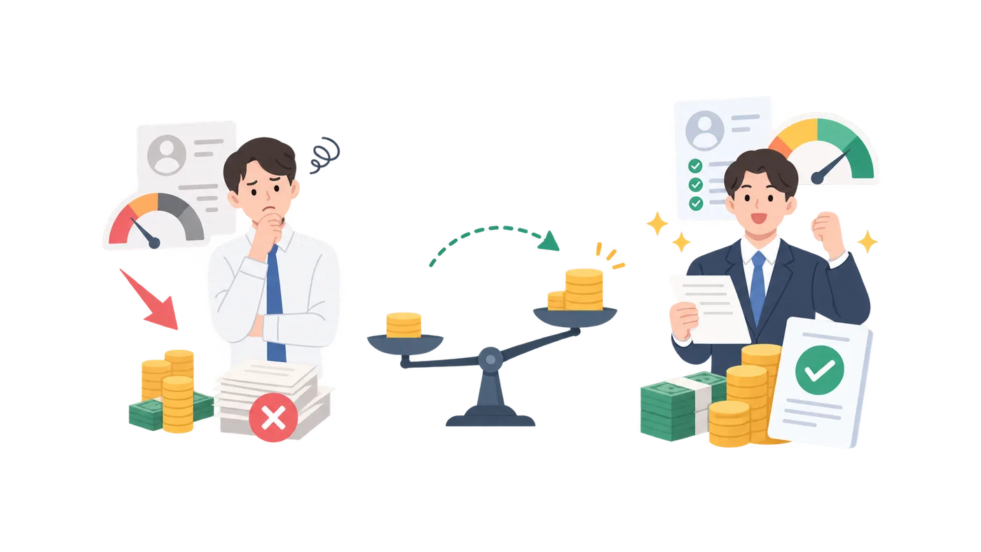 직장인 신용대출 잘 받는 법의 comparison 개념을 설명하는 금융 일러스트