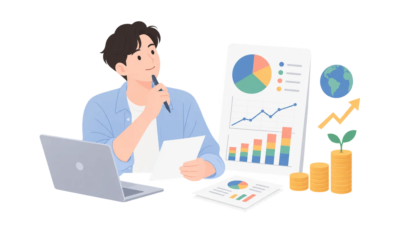 ETF 초보자를 위한 첫 포트폴리오의 concept 개념을 설명하는 금융 일러스트