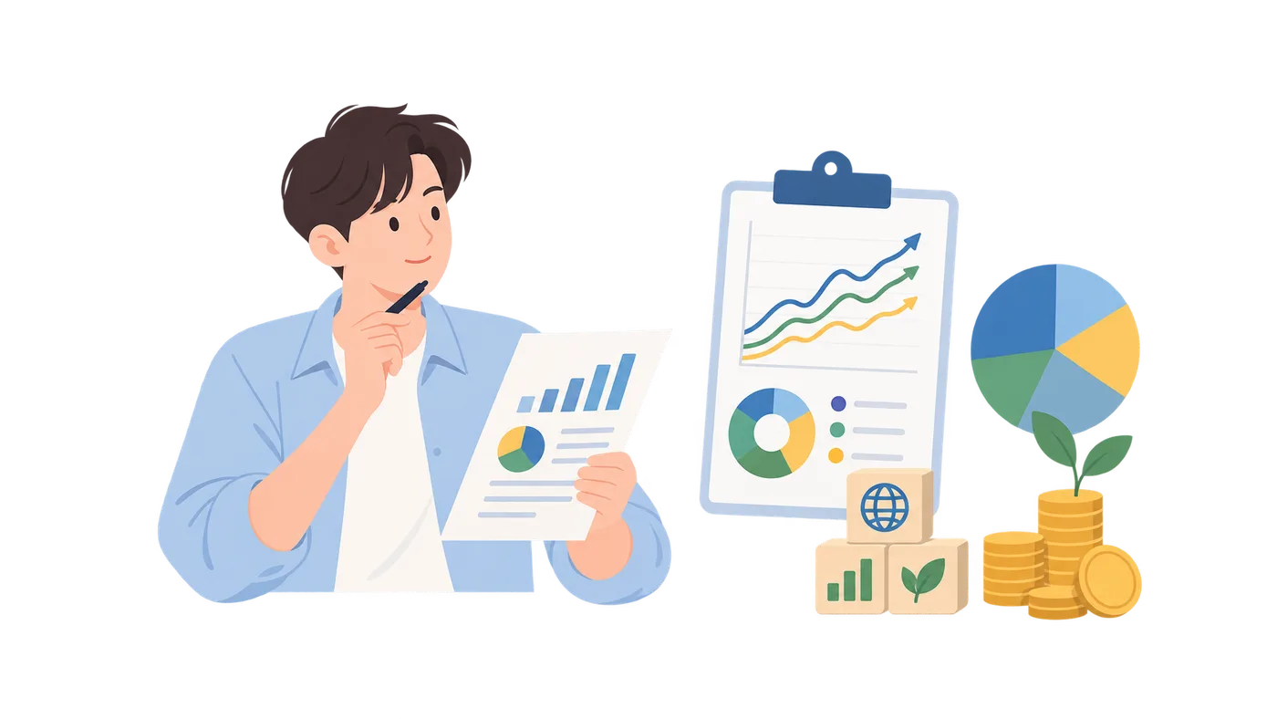 ETF 초보자를 위한 첫 포트폴리오의 scenario 개념을 설명하는 금융 일러스트